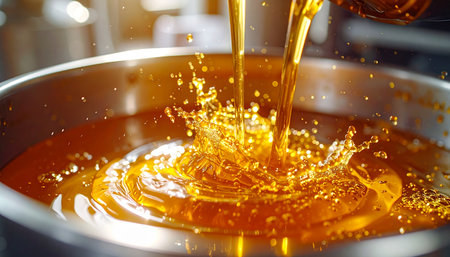 Streams of rich, golden oil cascade into a stainless steel bowl, creating a dynamic and energetic splash. This close-up shot captures the beautiful viscosity and warm color of a pure cooking ingredient, symbolizing the start of a delicious culinary creation or an industrial process in motion.の素材