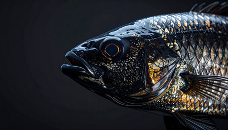 A stunning macro photograph captures the intricate detail of a mysterious dark fish. Its iridescent scales shimmer with metallic gold and silver hues against a deep black background, creating a sense of deep-sea elegance and aquatic mystery. The intense, focused eye suggests a creature of the abyss, both beautiful and formidable.の素材