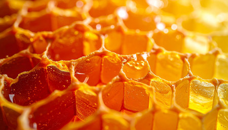 A macro view captures the perfect geometry of a natural honeycomb, each hexagonal cell brimming with glistening golden honey. The warm, syrupy nectar catches the light, highlighting its pure, organic sweetness and the diligent work of bees.の素材