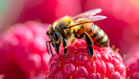 In a vibrant, sun-drenched garden, a diligent honeybee pauses atop a perfectly ripe raspberry. This macro photograph captures a delicate moment of symbiosis in nature, highlighting the intricate details of the insect and the juicy texture of the summer fruit, symbolizing the sweetness and abundance of the harvest season.の素材