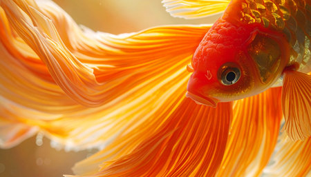 A vibrant orange fantail goldfish moves through the water, its delicate, flowing fins creating a mesmerizing dance of color and light. This close-up captures the serene elegance and fluid beauty of aquatic life, evoking a sense of calm and tranquility.の素材