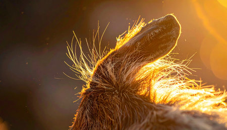 An intimate close-up of a deers ear, beautifully backlit by the warm, golden light of sunrise or sunset. The light creates a glowing halo effect, highlighting the delicate texture of the fur and evoking a sense of peace, tranquility, and the quiet beauty of wildlife.の素材