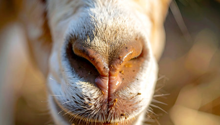 A detailed macro view captures the gentle curiosity of a farm goat. Bathed in warm sunlight, the intricate textures of its nose and whiskers are highlighted, creating an intimate portrait of rural life and the simple, peaceful moments found in nature.の素材