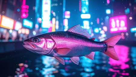 A lone fish embarks on a surreal journey, floating weightlessly through the vibrant, rain-slicked streets of a futuristic metropolis. The dazzling neon lights of the cyberpunk cityscape reflect off its iridescent scales, creating a dreamlike and captivating scene that blends nature with advanced technology.の素材