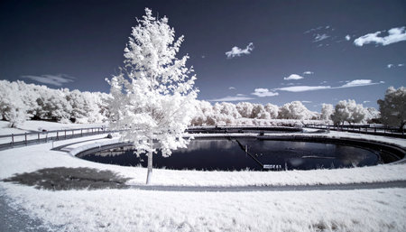 An ethereal landscape captured in infrared, where a solitary white tree stands guard over a still, dark pond. The scene evokes a sense of serene mystery and otherworldly beauty, like a dreamscape or a view from another planet.の素材