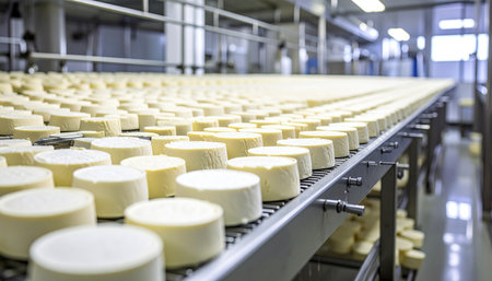 Endless rows of freshly formed cheese wheels travel along an automated conveyor belt in a state-of-the-art dairy facility. This image captures the precision and scale of modern food production, where tradition meets technology to create a beloved culinary staple.の素材