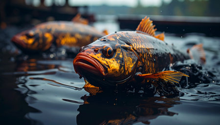 A dead fish with vibrant orange and yellow scales floats on the surface of dark, oily water, a stark and tragic symbol of water pollution. This powerful image captures the devastating impact of industrial waste and contamination on aquatic ecosystems, serving as a solemn warning about environmental neglect.の素材