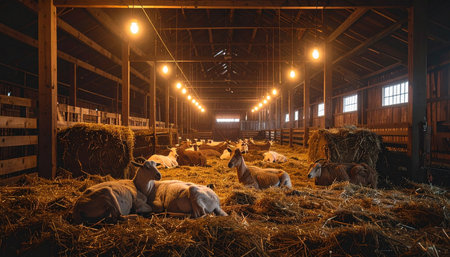 Under the gentle glow of overhead lamps, a herd of young goats rests peacefully for the night. The warm light illuminates the rustic wooden barn, casting long shadows and creating a serene, cozy atmosphere of quiet contentment on the farm.の素材