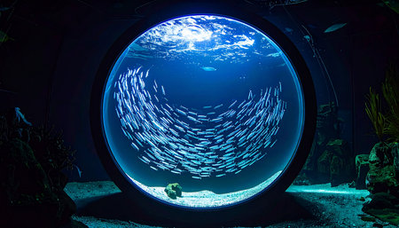 In the deep blue glow of a massive circular tank, a mesmerizing school of fish swims in a perfectly synchronized, swirling vortex. Their collective movement creates a living, breathing spectacle of unity, flow, and the mysterious beauty of marine life.の素材