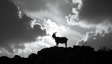 A lone mountain goat stands in powerful silhouette atop a rocky summit, its form etched against a dramatic, cloud-filled sky. This black and white image captures a moment of quiet triumph, symbolizing strength, resilience, and the majestic solitude of the wild.の素材