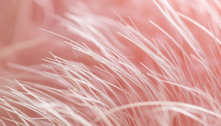 A delicate, dreamlike macro view reveals the fine, soft texture of vellus hair against a warm pink background. This abstract image evokes a sense of gentleness, purity, and the subtle beauty of human skin, perfect for concepts of skincare, wellness, and natural sensitivity.の素材