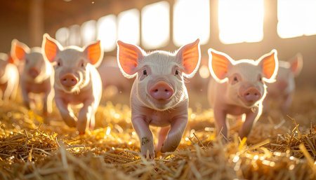 A group of adorable piglets eagerly run forward through golden straw, their faces illuminated by the warm morning sunlight pouring into the barn. This heartwarming scene captures a sense of joy, innocence, and the hopeful start of a new day on the farm.の素材