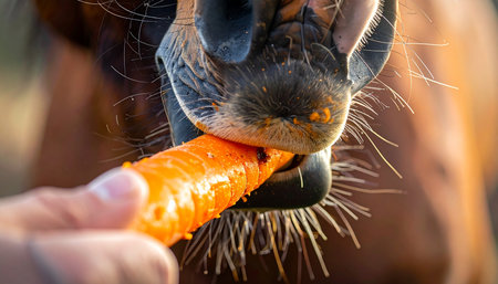 A close-up shot captures a tender moment of connection as a persons hand gently offers a bright orange carrot to a horse. The horses soft muzzle and whiskers are in sharp focus as it accepts the healthy treat, symbolizing trust, kindness, and the simple joys of caring for an animal.の素材