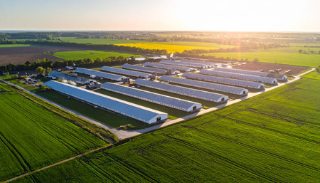 As the sun sets, casting a golden glow over the landscape, an aerial view reveals a large, modern agricultural facility. The orderly rows of buildings stand as a testament to the scale and efficiency of contemporary food production, nestled within vast green fields.の素材