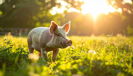 A happy pig roams freely through a lush green pasture, bathed in the warm, golden light of a setting sun. This idyllic scene captures a moment of peace and contentment, representing concepts of organic farming, animal welfare, and a sustainable, natural lifestyle.の素材