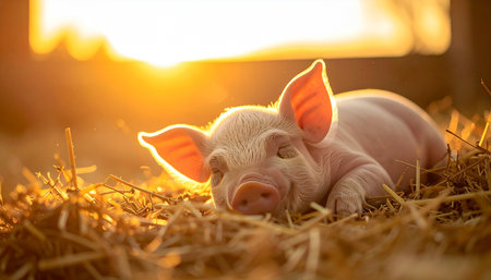 A tiny piglet rests peacefully on a bed of golden straw, bathed in the warm, gentle glow of a setting sun. This serene scene captures a moment of pure contentment and innocence on the farm, symbolizing new beginnings and the simple comforts of rural life.の素材