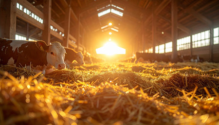 As the first rays of a golden sunrise stream through the rustic barn, a young calf rests peacefully in a bed of warm hay. The tranquil morning light illuminates the quiet stable, creating a serene and idyllic scene of farm life and new beginnings.の素材