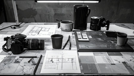 A black and white view of a creatives desk after hours. Blueprints, a camera, and multiple cups of coffee suggest a long night of passionate work, blending the worlds of architecture and photography into a single dedicated project.の素材