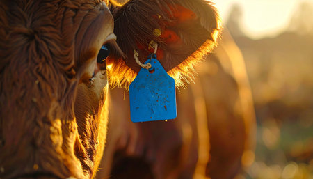 As the sun sets over the pasture, its golden rays illuminate a cow, highlighting the texture of its hide and the modern blue ear tag. This image captures a moment of tranquility in rural life, blending traditional farming with contemporary livestock management and traceability.の素材