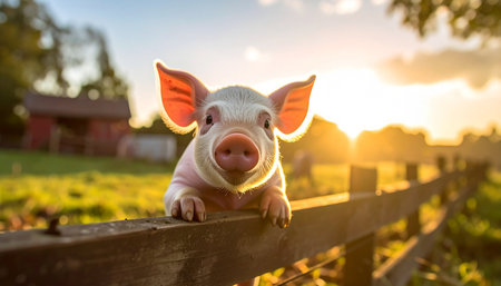 A curious little piglet peeks over a rustic wooden fence, its ears glowing in the warm light of a beautiful countryside sunset. This charming scene captures a moment of innocence and gentle curiosity on a peaceful farm, evoking feelings of warmth and the simple joys of rural life.の素材