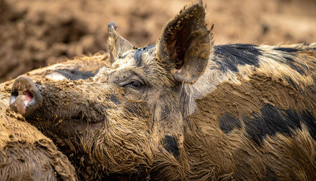 A close-up shot captures the pure contentment of a spotted pig taking a peaceful rest. Covered from snout to ear in a thick layer of cool mud, the animals closed eyes and relaxed posture evoke a sense of simple joy and the authentic, rustic charm of farm life.の素材