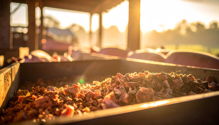 The warm, golden light of a sunrise or sunset streams over a large bin of freshly mashed apples, ready for pressing into cider. The hazy atmosphere captures a moment of authentic, rustic agricultural production on a farm.の素材