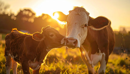 As the sun dips below the horizon, casting a warm golden glow across the pasture, two cows share a quiet, affectionate moment. This serene scene captures the gentle bond and peaceful tranquility of rural life at the end of a perfect summer day.の素材
