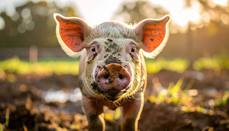 A curious and friendly spotted piglet stands in a muddy field, its ears glowing in the warm, golden light of a beautiful sunset. This charming close-up captures a moment of innocence and connection with nature on a rustic farm, highlighting the simple joys of rural life.の素材