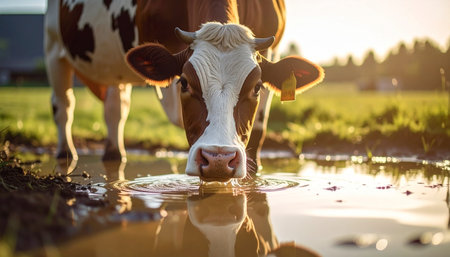 As the golden hour sun casts a warm glow across the pasture, a dairy cow pauses to quench its thirst from a still puddle. Its reflection ripples in the water, capturing a serene and tranquil moment of simple farm life at the end of a long day.の素材