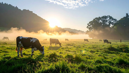 As the golden sun rises over rolling hills, a gentle mist blankets the lush green meadow. A herd of dairy cows peacefully grazes in the tranquil morning light, embodying a serene and idyllic rural scene of sustainable farming and natural beauty.の素材
