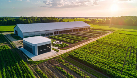 An aerial perspective captures a state-of-the-art agricultural operation bathed in the warm glow of a setting sun. Modern buildings stand alongside meticulously cultivated fields, symbolizing the fusion of technology, sustainability, and the future of farming.の素材