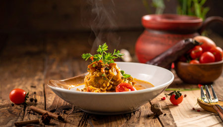 A steaming bowl of authentic, homemade curry is served on a rustic wooden table, ready to be enjoyed. Aromatic spices like cinnamon and star anise surround the dish, hinting at the rich, complex flavors within, capturing the essence of a warm and gourmet culinary experience.の素材