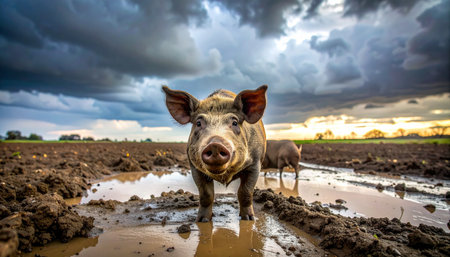 A curious young pig stands confidently in a wet, muddy field, looking directly into the camera. In the background, a dramatic, stormy sky looms over the rural landscape, creating a powerful and atmospheric scene of farm life and nature.の素材