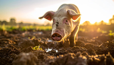 A curious pig stands in a muddy field, its face illuminated by the warm, golden light of the setting sun. This peaceful scene captures a moment of tranquility on a free-range farm, highlighting a natural and sustainable approach to agriculture and animal welfare.の素材