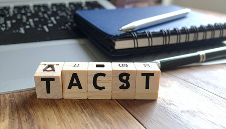 Wooden blocks on a professionals desk spell out the word tacts, symbolizing the importance of diplomacy, strategy, and sensitive communication in the modern workplace. A reminder that success often depends on how we interact with others.の素材