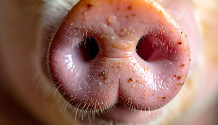 A detailed macro photograph captures the curious and slightly dirty snout of a young pig. The intricate textures and individual bristles tell a story of life on the farm, evoking a sense of authentic, rustic charm and the simple innocence of a farm animal.の素材
