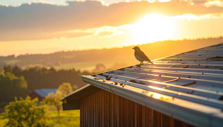 A lone songbird perches on a rustic metal roof, its silhouette a simple mark against a brilliant golden sunrise. Below, a peaceful valley awakens, bathed in the warm, hopeful light of a new day, promising tranquility and a fresh start.の素材