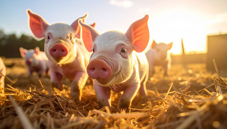 As the sun sets in a warm golden glow, a group of curious and playful piglets explore their straw-filled home. One brave piglet steps forward, its happy expression capturing a moment of pure innocence and the simple joys of life on the farm.の素材