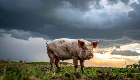 A lone pig stands resolute in a lush green field as dramatic storm clouds gather overhead. The setting sun on the horizon casts a warm glow, creating a powerful contrast and a sense of impending change in the rural landscape. This image captures the stoic nature of farm life against the raw power of nature.の素材