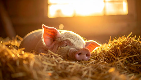 A small, content piglet rests peacefully in a bed of golden straw. Warm sunlight streams through a barn window, casting a serene glow and highlighting its delicate features. This tranquil scene captures the quiet innocence and simple joys of farm life.の素材