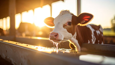 As the sun sets in a warm, golden blaze, a young dairy cow takes a refreshing drink from a trough. The tranquil light of the golden hour illuminates the peaceful farm scene, highlighting a moment of simple contentment and the serene beauty of rural life.の素材
