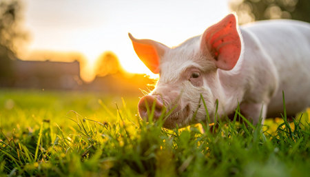 A happy pig enjoys the last golden rays of sunset as it grazes peacefully in a lush green meadow. This idyllic scene captures the essence of sustainable farming, animal welfare, and a tranquil rural lifestyle.の素材