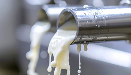 In a state-of-the-art food processing facility, fresh, thick cream flows smoothly from a sterile stainless steel pipe. This close-up shot captures a crucial moment in the automated production line, highlighting the purity, quality, and efficiency of modern dairy manufacturing.の素材