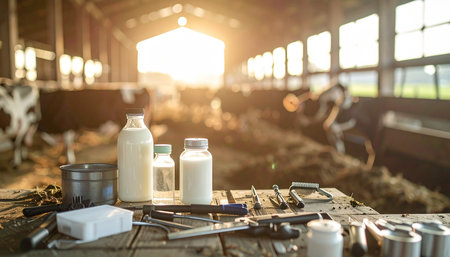 As the golden sunrise streams into the rustic barn, a farmers or veterinarians workstation is ready for the day. Bottles of fresh milk stand beside medical tools, symbolizing the care, dedication, and hard work behind sustainable and wholesome food production.の素材