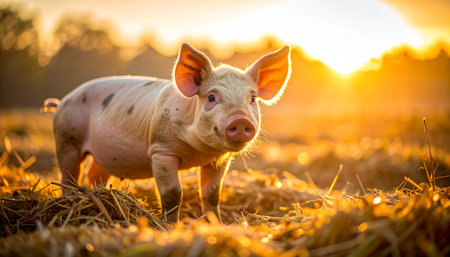 A curious young piglet stands in a field of straw, its ears glowing in the warm, golden light of a beautiful sunset. This idyllic farm scene evokes feelings of peace, innocence, and the simple joys of rural life and nature.の素材