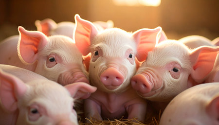 A litter of curious piglets huddles together for warmth and comfort under the gentle glow of a barn light. One brave piglet looks directly into the camera, its innocent gaze capturing a moment of new life and quiet contentment on the farm.の素材