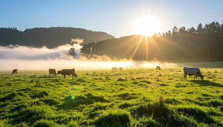 As the sun rises over rolling hills, its golden rays cut through the morning mist, illuminating a herd of cows peacefully grazing in a lush green pasture. A tranquil scene of rural life and the beauty of a new day dawning on the farm.の素材