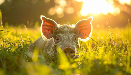 A small, adorable piglet rests peacefully in a lush green meadow as the setting sun casts a warm, golden glow. The magical backlight illuminates its ears, creating a serene and heartwarming portrait of innocence and tranquility in a natural, rural setting.の素材