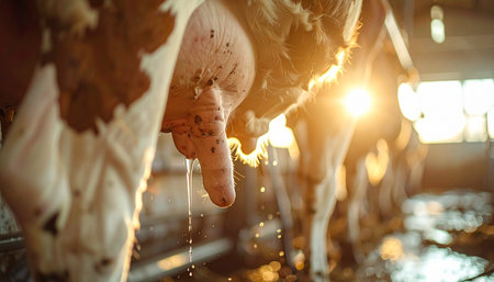 As the first rays of sunrise stream through the barn, a close-up captures the essence of dairy farming. Fresh milk drips from a cows udder, glistening in the warm, golden light, symbolizing purity, nourishment, and the start of a new day on the farm.の素材