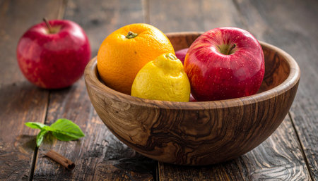 A collection of vibrant, fresh fruit, including crisp red apples, a juicy orange, and a bright lemon, rests in a handcrafted wooden bowl. Set against a rustic wooden background with a hint of mint and cinnamon, this image evokes a sense of wholesome, natural living and healthy eating.の素材